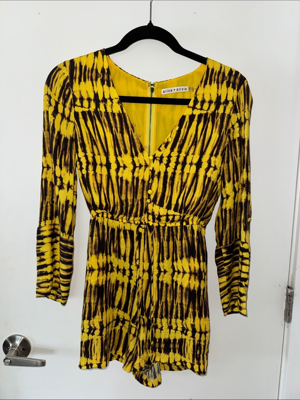 Alice+Olivia Button Front Romper Yellow Tie-Dye Sun Drenched